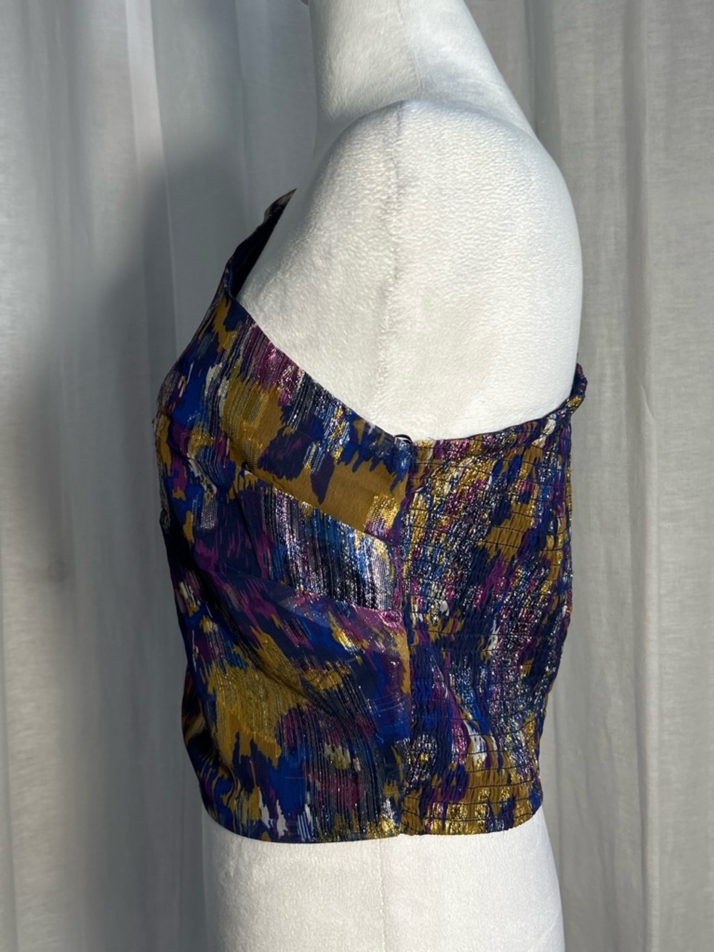 Flashy One-Shoulder Metallic Abstract Print Crop Top - Navy, Gold, Purple - Picture 4 of 6